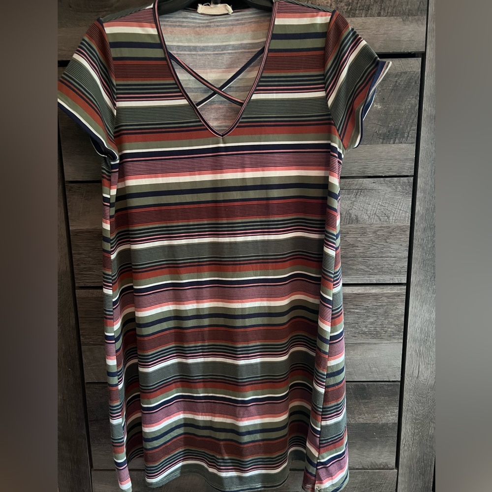 Striped T-shirt dress with crisscross detail at neck